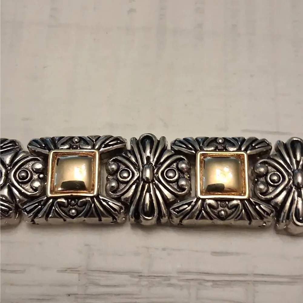 Silver Tone Vintage Style Bracelet with Red Rhinestones